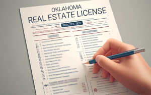 A person filling out an Oklahoma real estate license practice test with a pencil.